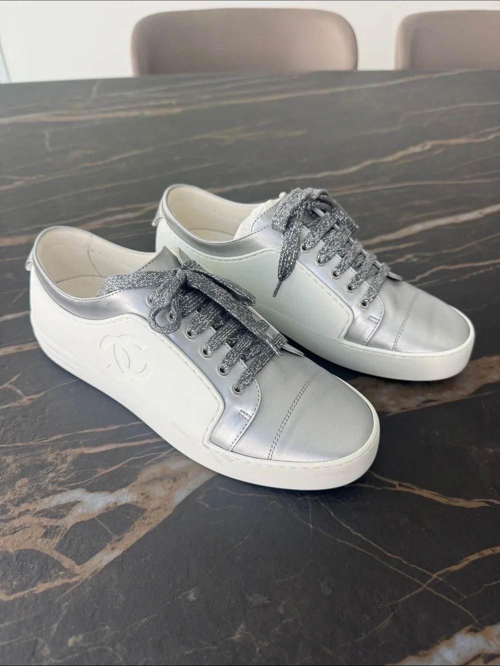 CHANEL Silver and White Low-Top Leather Sneakers